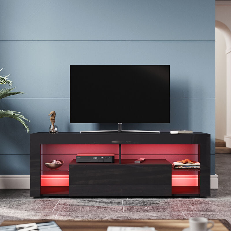 SIRHONA LED Meuble TV Noir avec 2 Compartiments et 1 Portes Bois