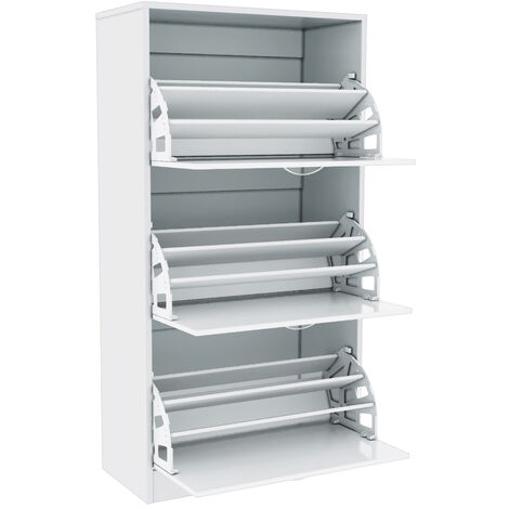 Sirhona – Armoire à chaussures 63x30x120cm – 3 abattants – Cloisons amovibles – Capacité 27 paires – Panneaux de particules E1 – Blanc (1/5)