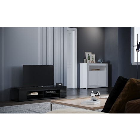 SONNI Meuble TV bas à tableau blanc avec éclairage LED 135x39x30cm, avec étagère en verre ouvert brillant (1/5)