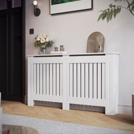 Sonni – Cache-radiateur vertical laqué blanc 152x19x81cm – MDF solide – Design perforé pour décoration intérieure – Protection enfants et animaux (1/4)