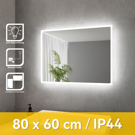 SONNI Miroir de salle de bain Miroir lumineux cuivre/sans plomb Miroir mural 80 x 60cm blanc froid IP44 économe en énergie