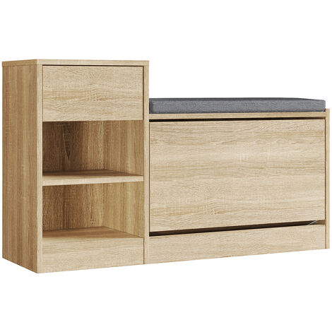 SONNI Banco zapatero con cojín de asiento, Mueble zapatero con puerta abatible y cajón, Zapatero multifuncional, Aspecto madera, 945 x 570 x 300 mm