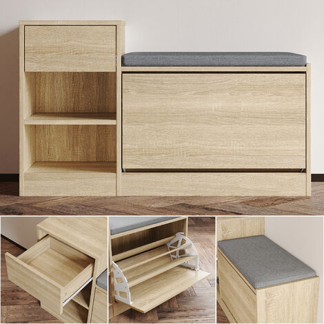SONNI Banco zapatero con cojín de asiento, Mueble zapatero con puerta abatible y cajón, Zapatero multifuncional, Aspecto madera, 945 x 570 x 300 mm