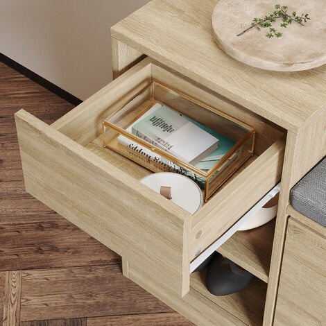 SONNI Banco zapatero con cojín de asiento, Mueble zapatero con puerta abatible y cajón, Zapatero multifuncional, Aspecto madera, 945 x 570 x 300 mm