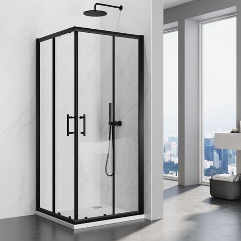 Cabine de douche d'angle noire - Porte coulissante sans cadre