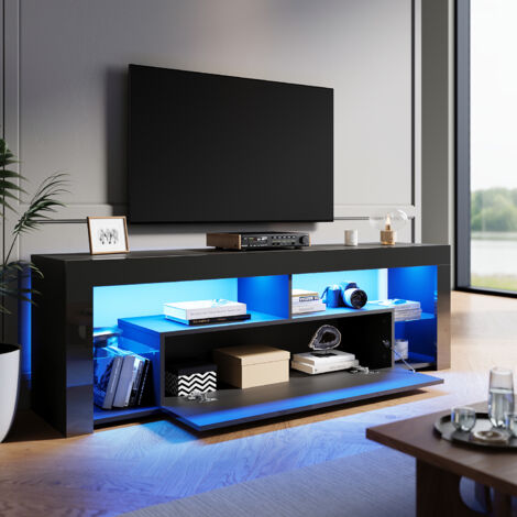 SIRHONA Meuble TV Noir avec lumières LED Meuble tele étagères en verre Espace de rangement Multicouche 160x35x55 cm