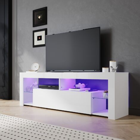 SIRHONA Meuble TV Blanc avec lumières LED Meuble tele étagères en verre Espace de rangement Multicouche 160x35x55 cm