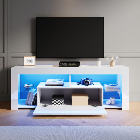 SIRHONA Meuble TV Blanc avec lumières LED Meuble tele étagères en verre Espace de rangement Multicouche 140x35x55 cm
