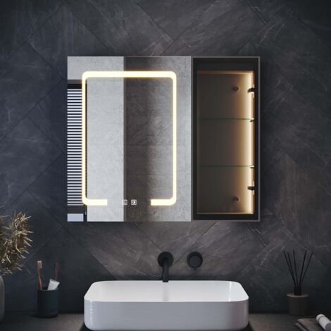 SIRHONA Armoire murale de salle de bain LED avec éclairage d'ambiance intégré et étagères en verre, température tricolore, Gris Marocain, 700x600x125 mm