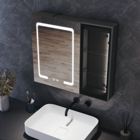 SIRHONA Armoire murale de salle de bain LED avec éclairage d'ambiance intégré et étagères en verre, température tricolore, Noir Chanvre, 700x600x125 mm