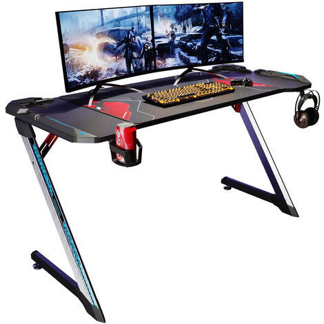 SONNI Gaming Table Table d'ordinateur ergonomique, avec tapis de souris, 2  crochets, porte-boissons et porte-casques,carbone optique noir 140cm