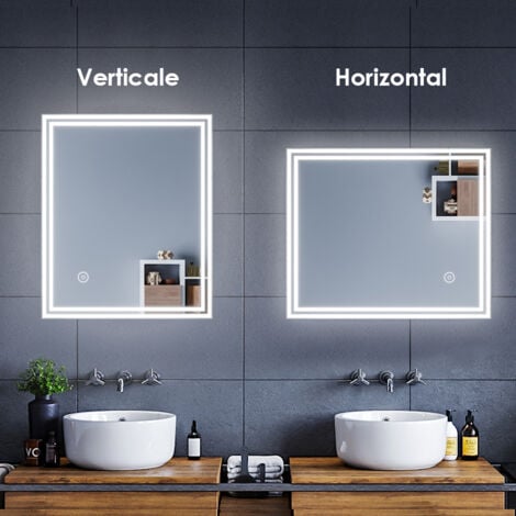 Miroir de salle de bain led 60x50 cm Commutateur tactile Miroir Maquillage éclairage intégré blanc froid
