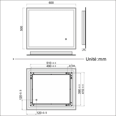 Miroir de salle de bain led 60x50 cm Commutateur tactile Miroir Maquillage éclairage intégré blanc froid