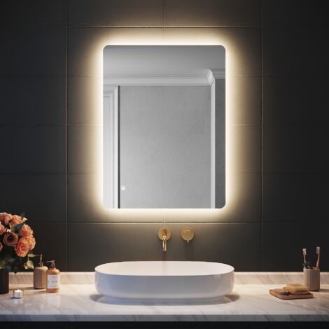 SIRHONA Miroir lumineux de salle de bain 80 x 60 cm Miroir LED à coins arrondis avec réglage de lumière à trois couleurs et fonction anti-buée