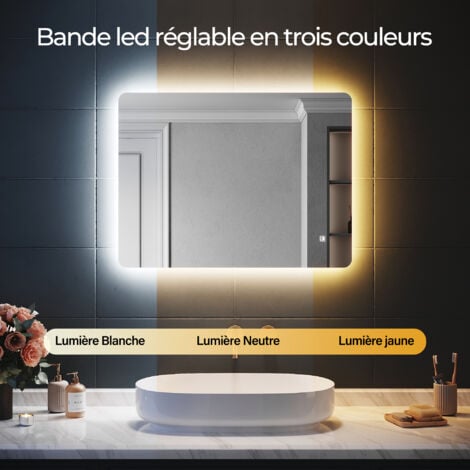 SIRHONA Miroir lumineux de salle de bain 80 x 60 cm Miroir LED à coins arrondis avec réglage de lumière à trois couleurs et fonction anti-buée