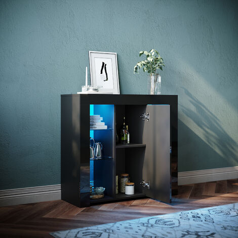 Vitrine Verre Éclairée LED SONNI - Noir Brillant - 4 Étagères + Tiroir - Meuble Exposition 550x350x1720 Mm - Style Moderne Salon