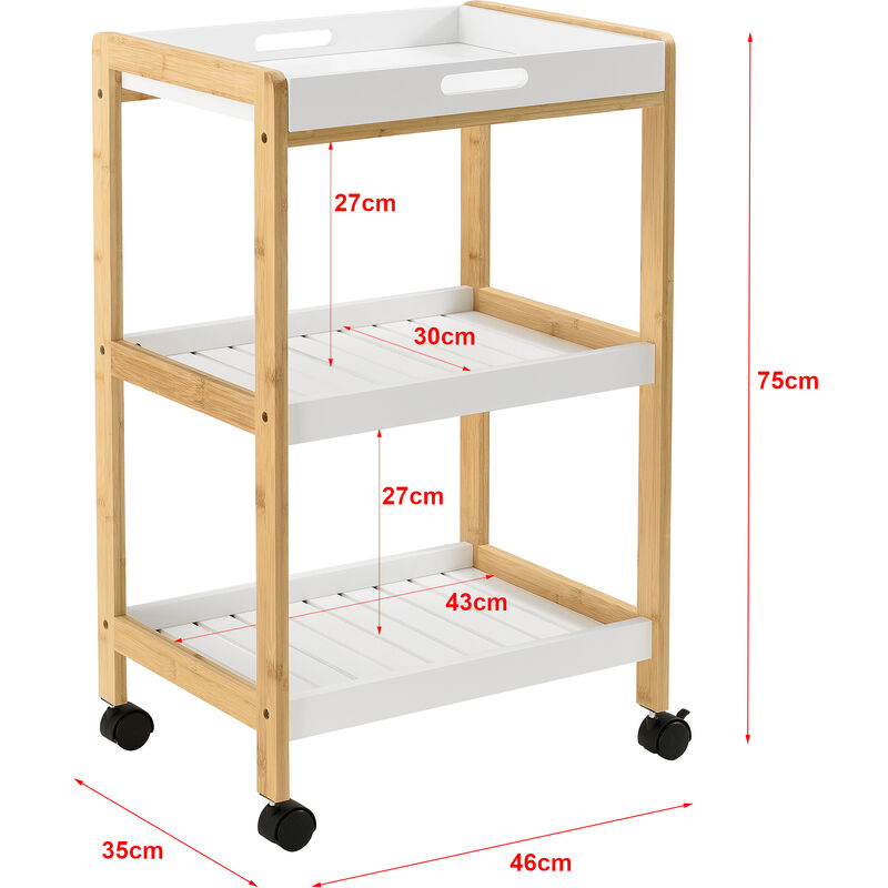 Carrello di Servizio con Piano/Vassoio Rimovibile Portavivande da Cucina/Mense  con 4 Ruote Catering Ristorazione - Bianco e Color Legno