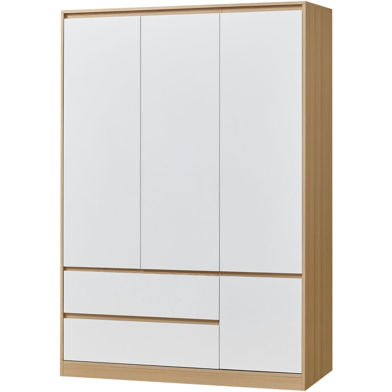 Armadio per Guardaroba Armadio Chiuso con Ante Bianche 6 Scomparti Laterali  Asta Appendiabiti 2 Cassetti 176x120x52 cm MDF Effetto Rovere [en.casa]