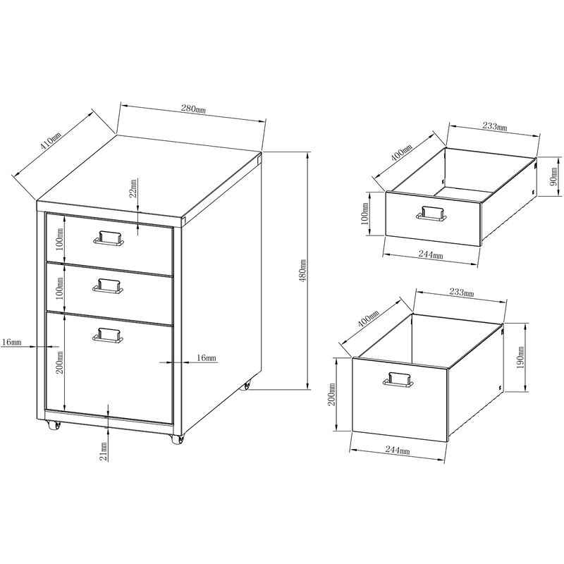 en.casa] Cassettiera da Ufficio con Rotelle 48 x 28 x 41 cm Organizzatore  da Ufficio a 3 Cassetti Mobile Contenitore in Acciaio - Nero opaco :  : Casa e cucina