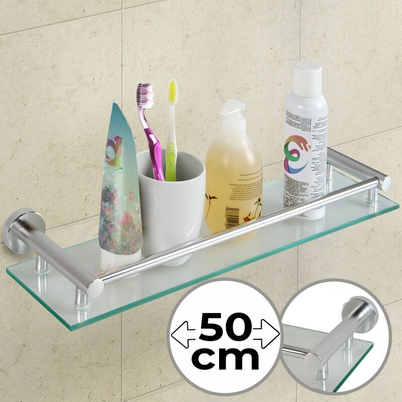 Aquamarin® Mensola di Vetro da Bagno - Set da 1 o 2, da Parete, 500 x 140  mm, Vetro Temperato, Spessore 6 cm, con Barra di Alluminio, Argento 