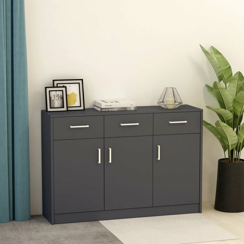 Credenza alta Maia 3 ante 3 cassetti con vetro antracite lucido rovere