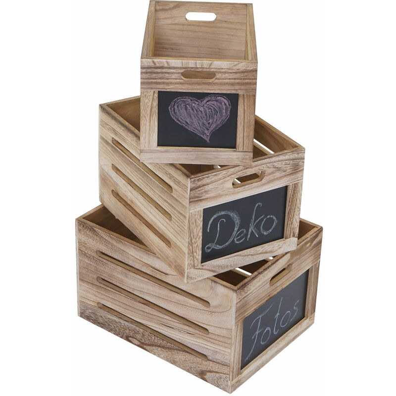 Set di 3 scatole di legno contenitore con lavagna stile shabby marrone  naturale