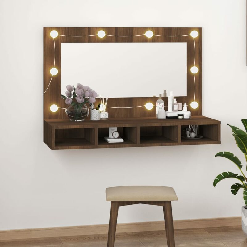 Specchio moderno da parete da 90cm con LED e 4 scomparti inferiori vari colori  colore: Rovere Scuro