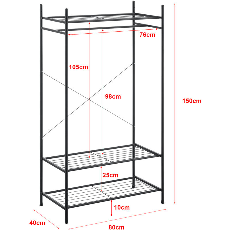 Organizzatore Guardaroba, Scaffalatura con Asta Appendiabiti e 6 Ripiani,  Cabina Armadio Senza Ante (AxLaxP) 150 x 150 x 40 cm - Nero, Metallo