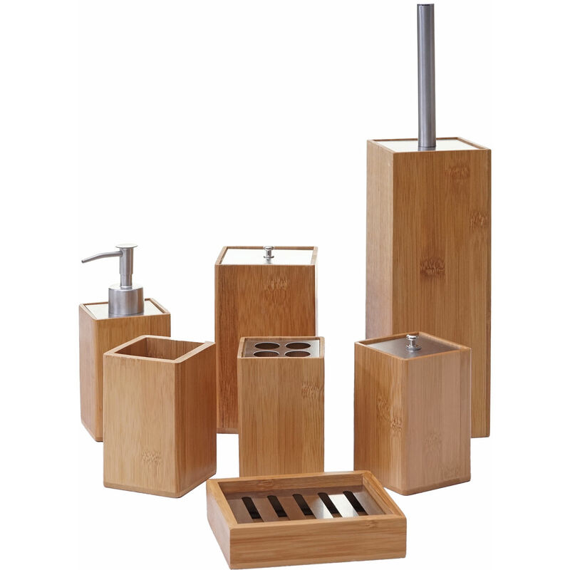 Set accessori da bagno HWC-A90 7 pezzi legno bambu e metallo