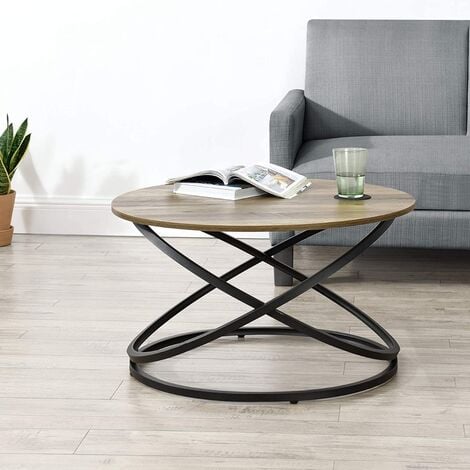 Tavolino rotondo da solatto divano con base a spirale nera piano in legno