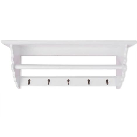 Appendiabiti in MDF 70x18x26 cm Stile Barocco con 5 Ganci e Mensola Bianco
