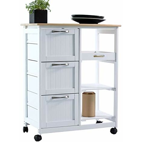 Carrello da Cucina con Ruote - 67x37x84 cm 3 Cassetti Multiuso con Ripiani  Mobile Moderno Piano di