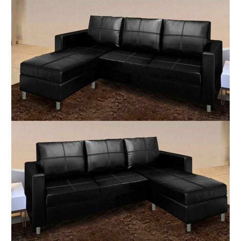 DIVANO ANGOLARE Sofà IN ECOPELLE ARREDO SOGGIORNO POUF REVERSIBILE 188x122X77 coloreprincipale : Nero