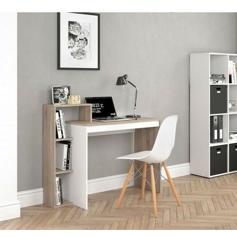 Scrivania ufficio porta pc salvaspazio con 3 scomparti 1 ripiano bicolore colore principale: bianco e rovere