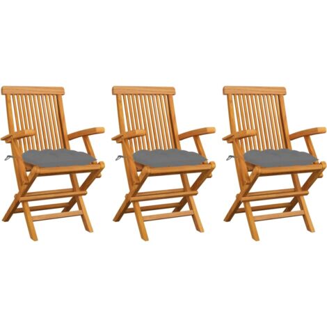 vidaXL Sedie da Giardino con Cuscini Grigi 3pz Legno Massello di Teak (1/5)