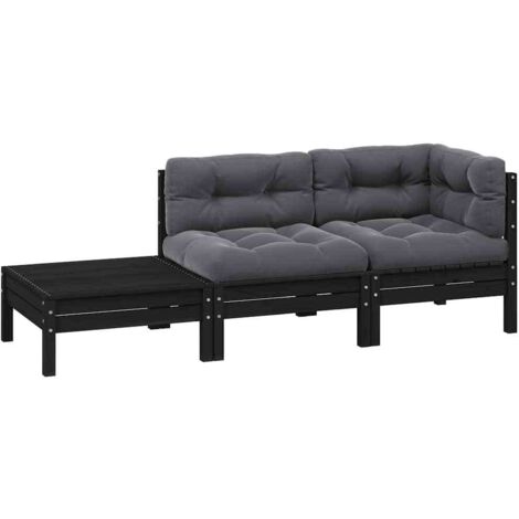 vidaXL Set Divani da Giardino 3 pz con Cuscini Neri Massello di Pino