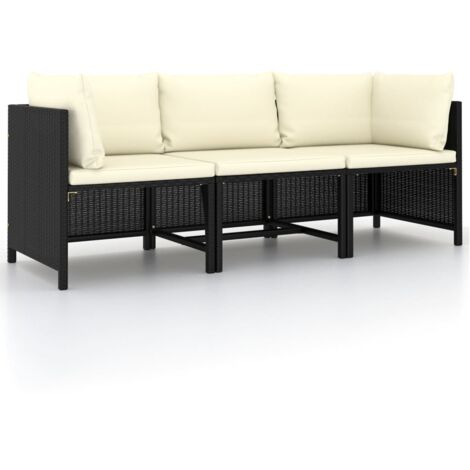 vidaXL Divano da Giardino a 3 Posti con Cuscini in Polyrattan Nero