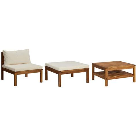 Set Divani Giardino 3 pz Cuscini Bianco Crema in Legno d'Acacia vidaXL