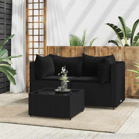 vidaXL Set Divani da Giardino 3 pz con Cuscini Nero in Polyrattan