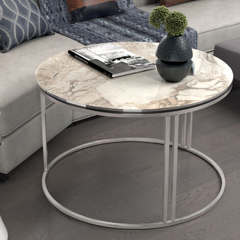 Set Di 2 Tavolini Rotondi In Lastra Di Roccia 50+70 Cm - Bianco, Con Cassetto Nascosto, Struttura In Metallo, Impilabili, Per Soggiorno