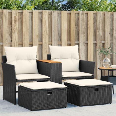 vidaXL Divano da Giardino 2 Posti con Sgabelli Nero in Polyrattan