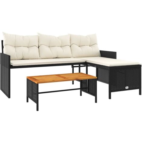 vidaXL Divano da Giardino con Tavolo e Cuscini a L Nero in Polyrattan
