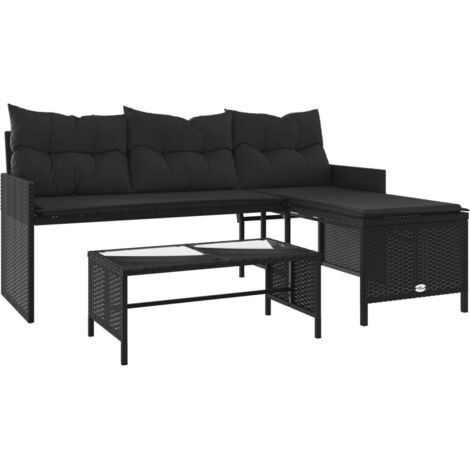 vidaXL Divano da Giardino con Tavolo e Cuscini a L Nero in Polyrattan