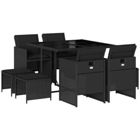 vidaXL Set da Pranzo da Giardino 9 pz con Cuscini Nero in Polyrattan