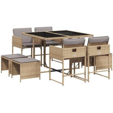 vidaXL Set Pranzo da Giardino 9 pz con Cuscini Beige Misto Polyrattan