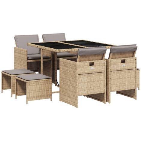 vidaXL Set Pranzo da Giardino 9 pz con Cuscini Beige Misto Polyrattan