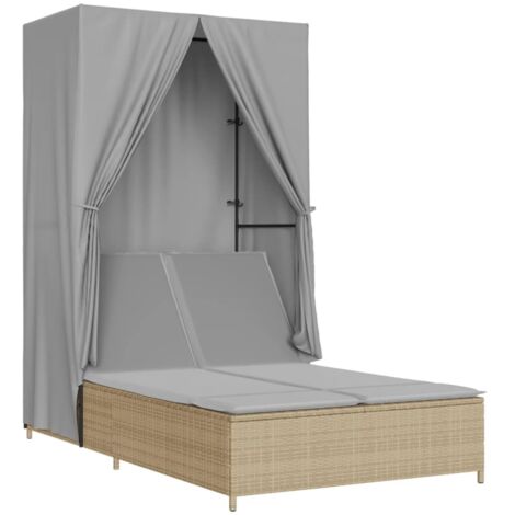 vidaXL Lettino Prendisole con Tetto e Tende Beige in Polyrattan