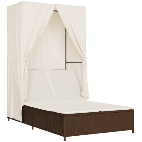 vidaXL Lettino Prendisole con Tetto e Tende Marrone in Polyrattan