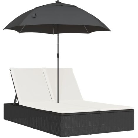 vidaXL Lettino Prendisole Doppio Cuscini e Parasole Nero in Polyrattan