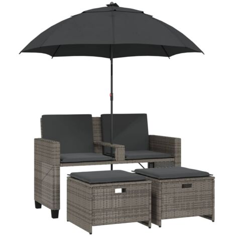 vidaXL Divano Giardino 2Posti Ombrellone e Sgabelli Grigio